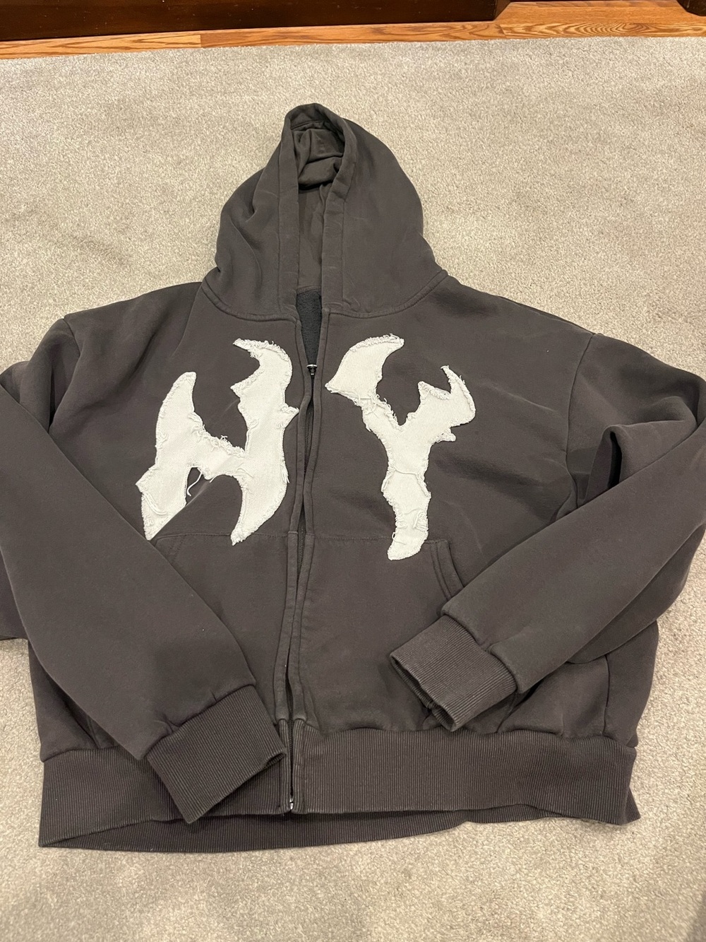 Dark gray Pacsun Large Zip-Up Hoodie with White Distressed Appliqué